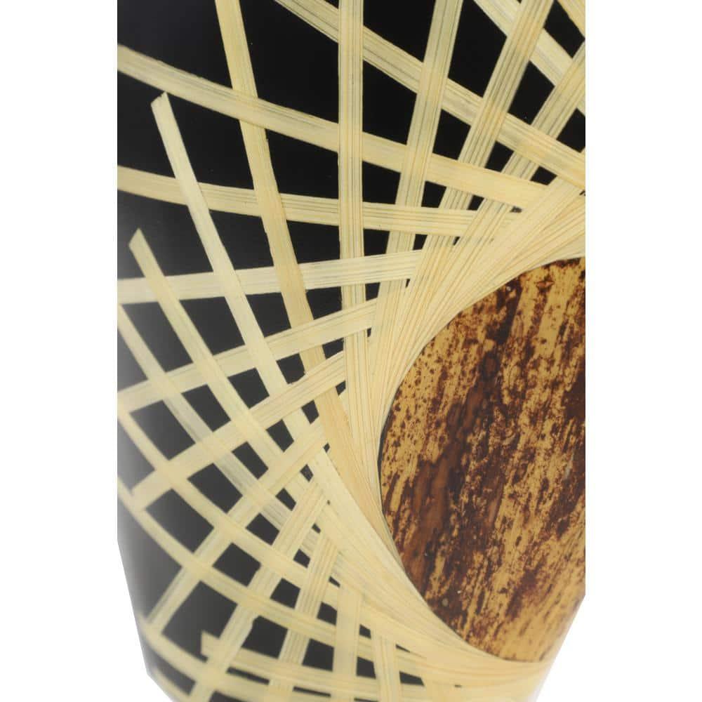 Decmode - Large Black Glazed & Bamboo Inlay Banana Wood Vase w/ Exposed Bark Detail, 11.5” x 18”