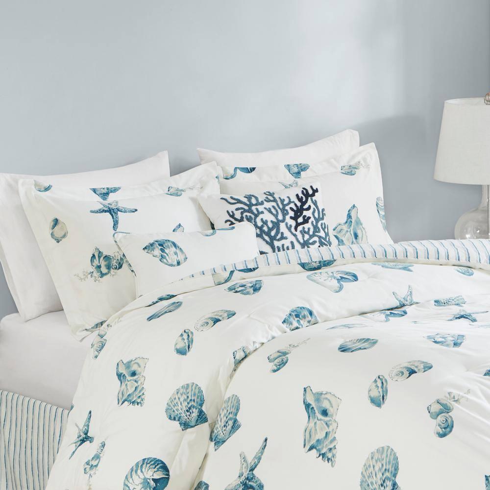 100% Cotton Duvet Cover, Seashells Duvet Cover Set Light Weight Bed Comforter Covers, Beach House Blue Ivory King/Cal King (106"x90") 3 Piece