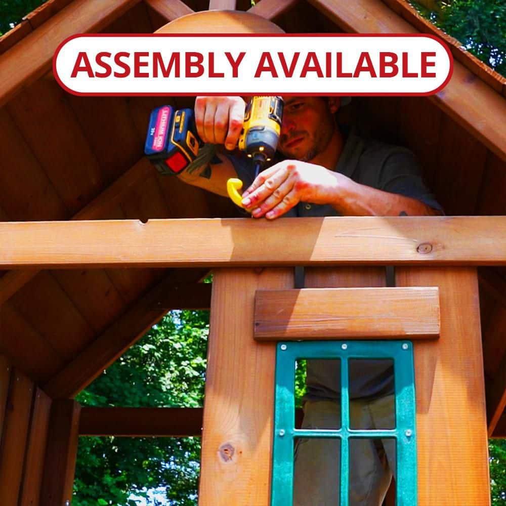 Swing-N-Slide Knightsbridge Wooden Backyard Swing Set with Alpine Wave Slide, Glider Swing, and Rock Climbing Wall