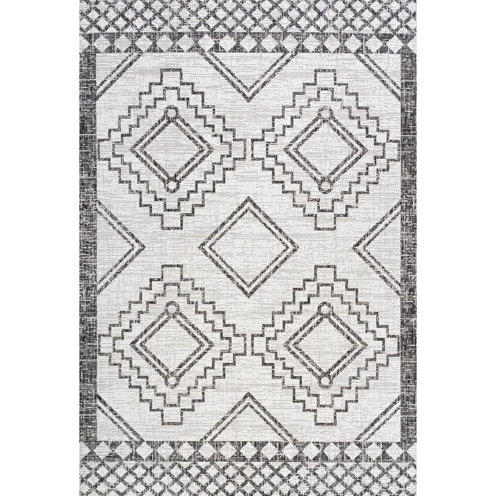 3'x5' Marokko Diamond  Medallion Indoor/Outdoor Area Rug, Ivory/Black - JONATHAN Y
