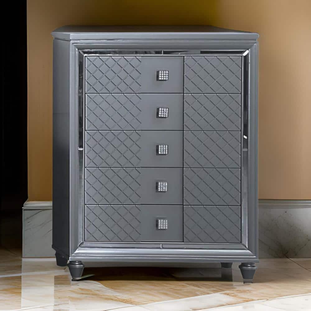 Benjara Seri Tall Dresser Chest With 5 Drawers, Diamond Pattern, Solid Wood