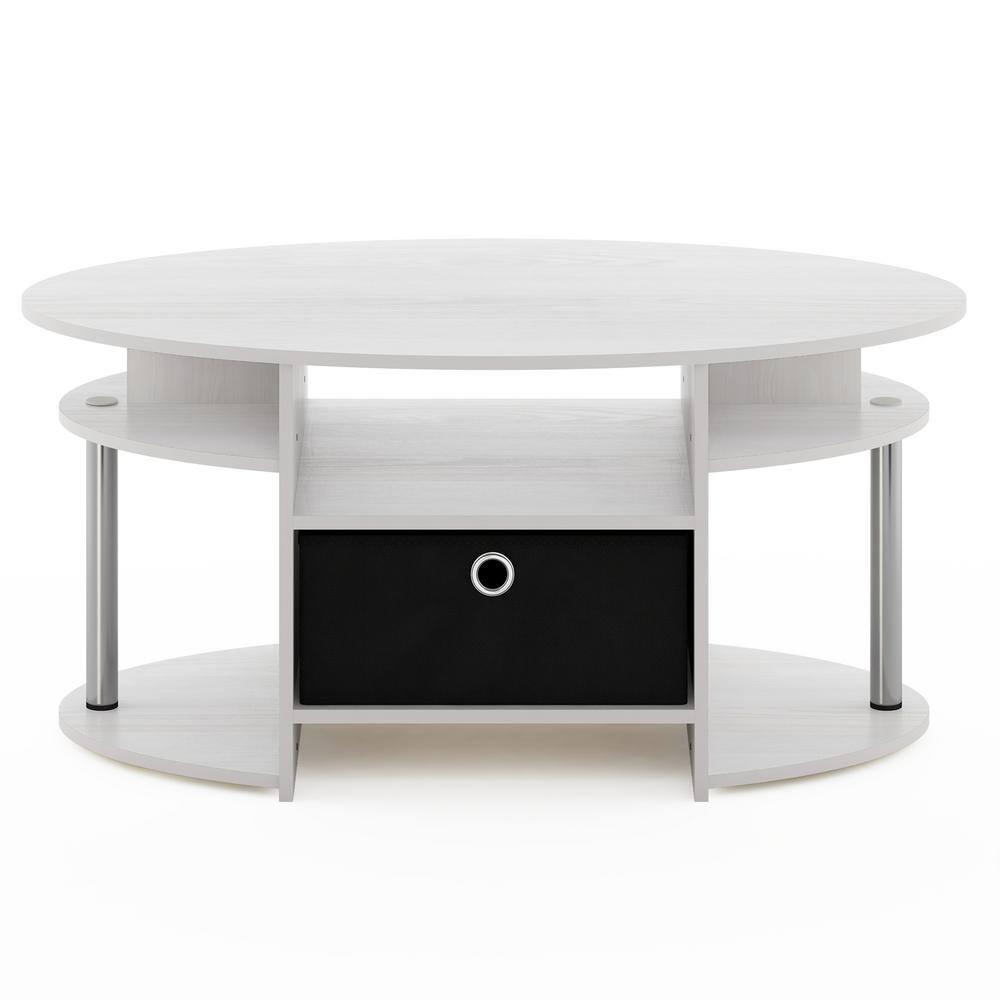 Furinno JAYA Simple Design Oval Coffee Table with Bin, White Oak, Stainless Steel Tubes