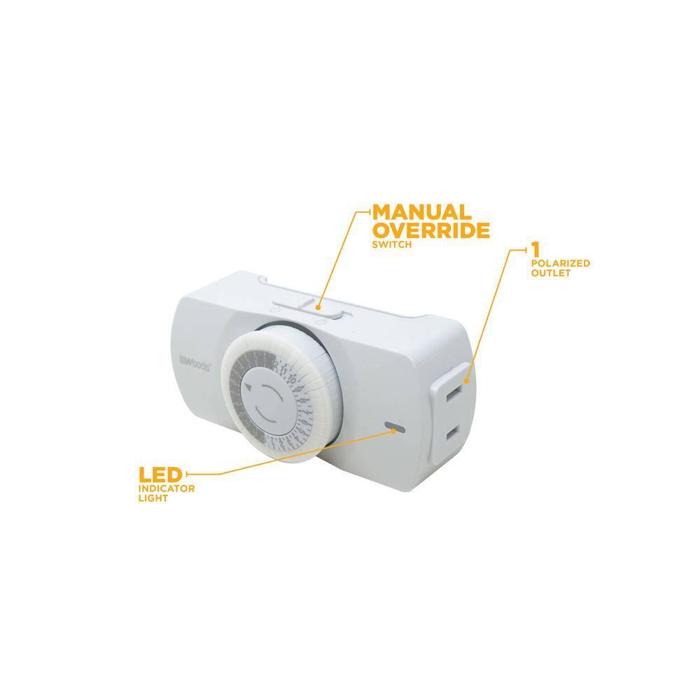 Woods 50101WD Easy-to-use Narrow Style Indoor 24-Hour Mechanical Timer, Single 2-prong (polarized) Outlet, White