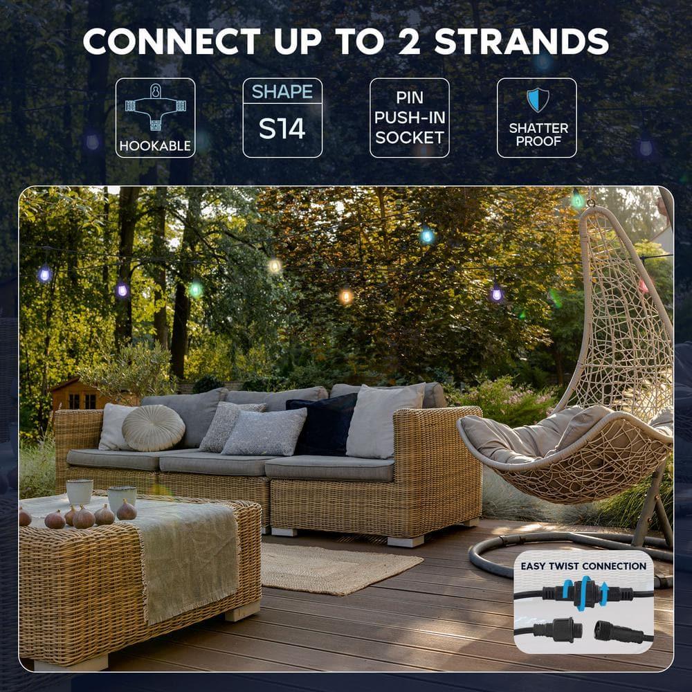 Luxrite 48FT LED RGBW Outdoor String Lights, Remote Control Color Changing Cafe Lights, Commercial Grade Waterproof, 24 Edison S14 Shatterproof Bulbs, IP65, Dimmable Outside Hanging Lights for Patio