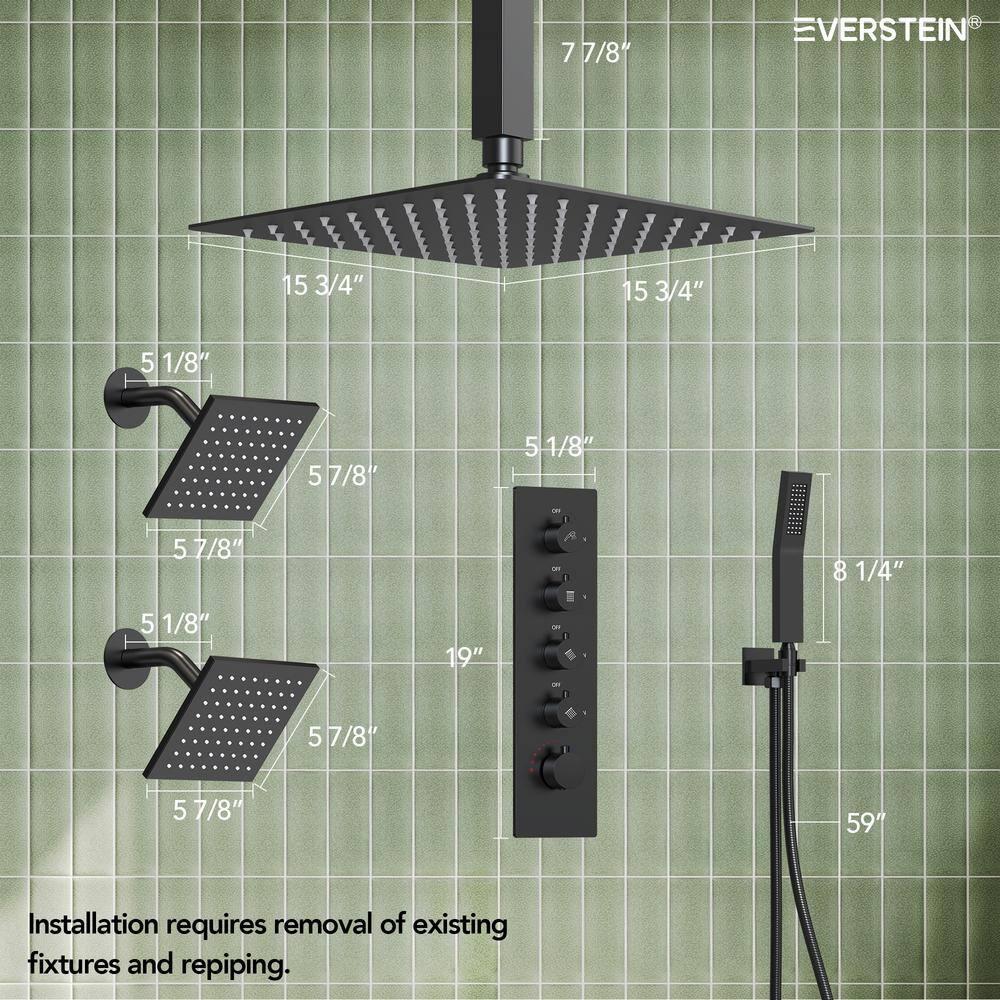 15-Spray Patterns 16" & 6" Triple Shower Heads, Shower FaucetSystem with Thermostatic Rough-in Valve