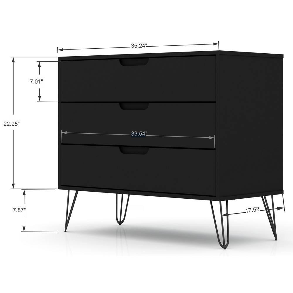 Rockefeller Dresser Black - Manhattan Comfort: MDF Composite Frame, 3-Drawer Storage for Bedroom