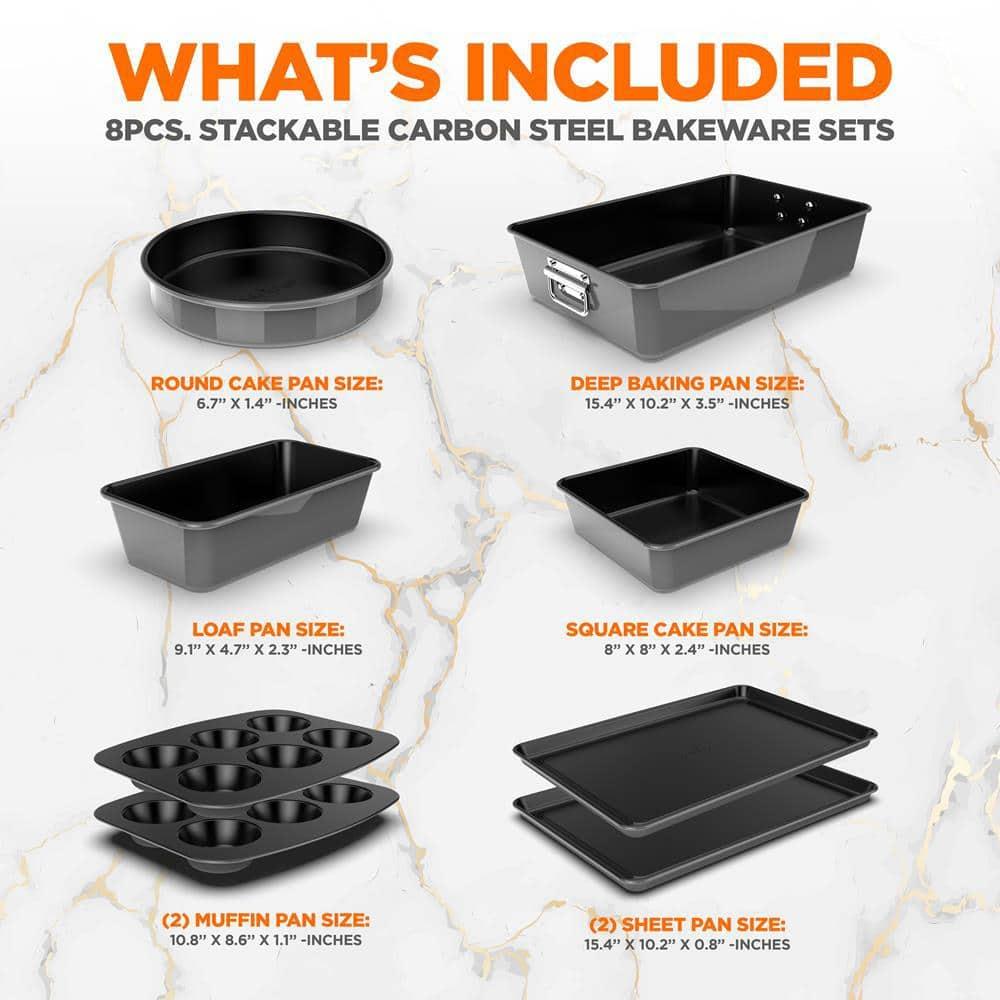 NutriChef 8-Piece Nonstick Stackable Bakeware Set - Pfoa, Pfos, Ptfe Free Baking Tray Set W/ Non-Stick Coating, 450°F Oven Safe, Round Cake, Loaf, Muffin, Wide/Square Pans, Cookie Sheet