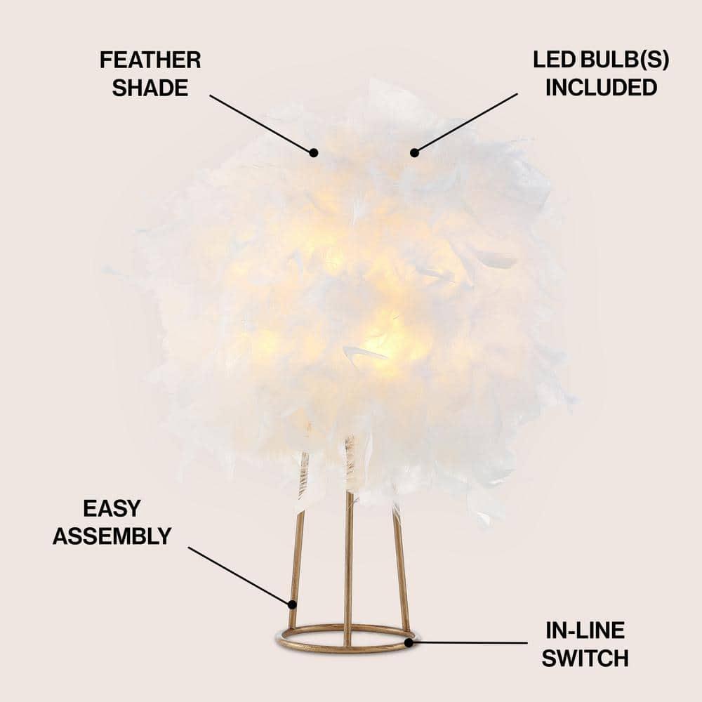 JONATHAN Y JYL9051A Stork 16" Feather Metal LED Table Lamp Contemporary Bedside Desk Nightstand Lamp for Bedroom Living Room Office College Bookcase LED Bulb Included, White/Gold