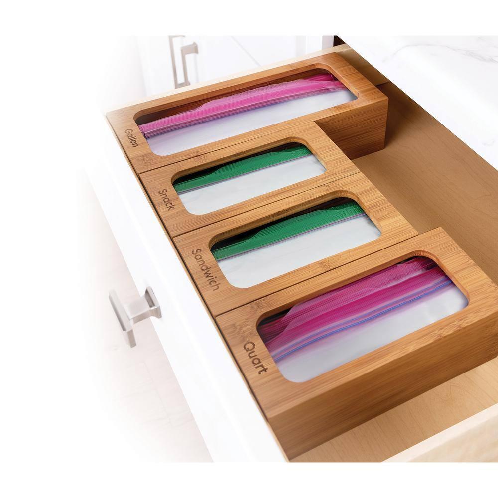 Seville Classics Bamboo Ziplock Food Storage Bag Dispenser (Set of 4)
