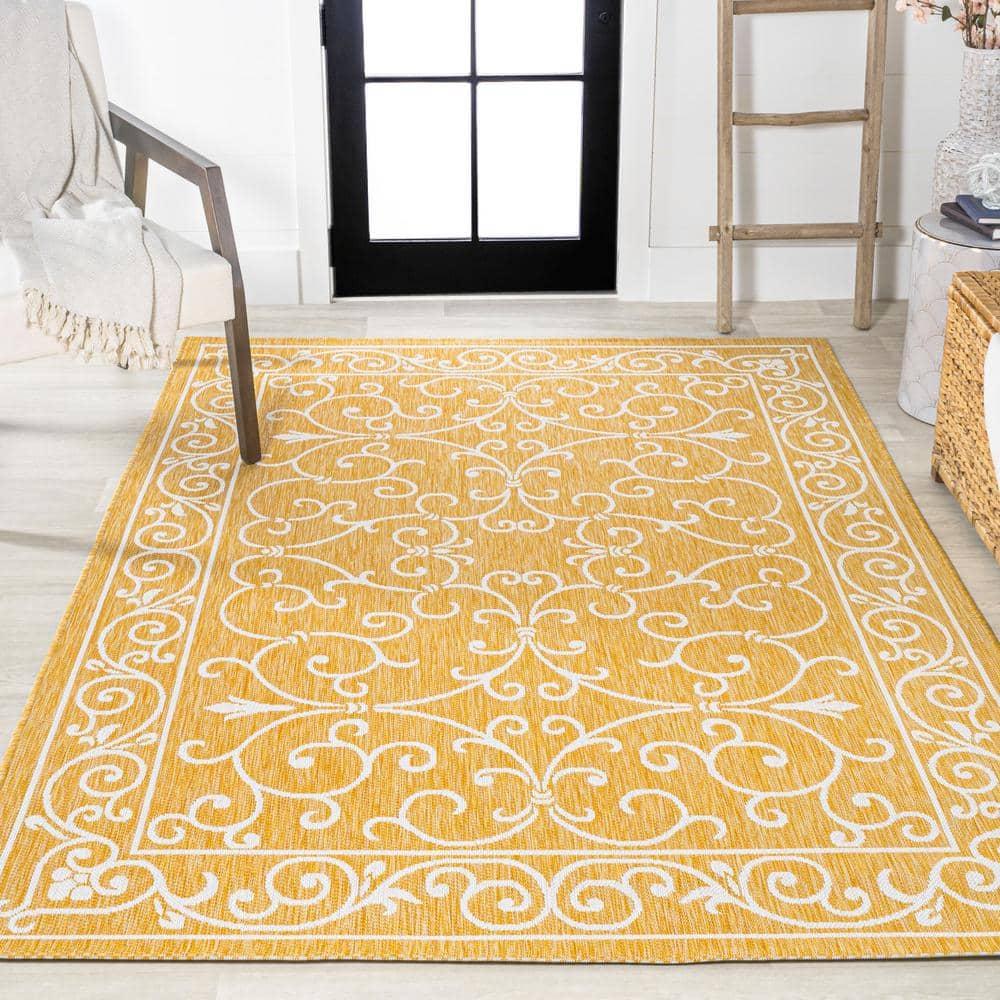 3' x 5' Charleston Vintage Filigree Textured Weave Indoor/Outdoor Area Rug, Yellow/Cream - JONATHAN Y