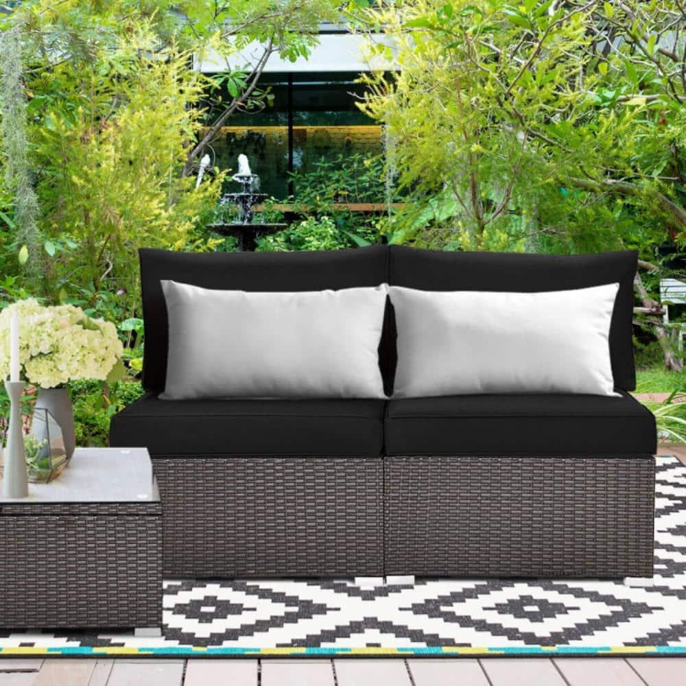 Costway 2PCS Patio Rattan Armless Sofa Sectional Furniture Conversation W/Black Cushion