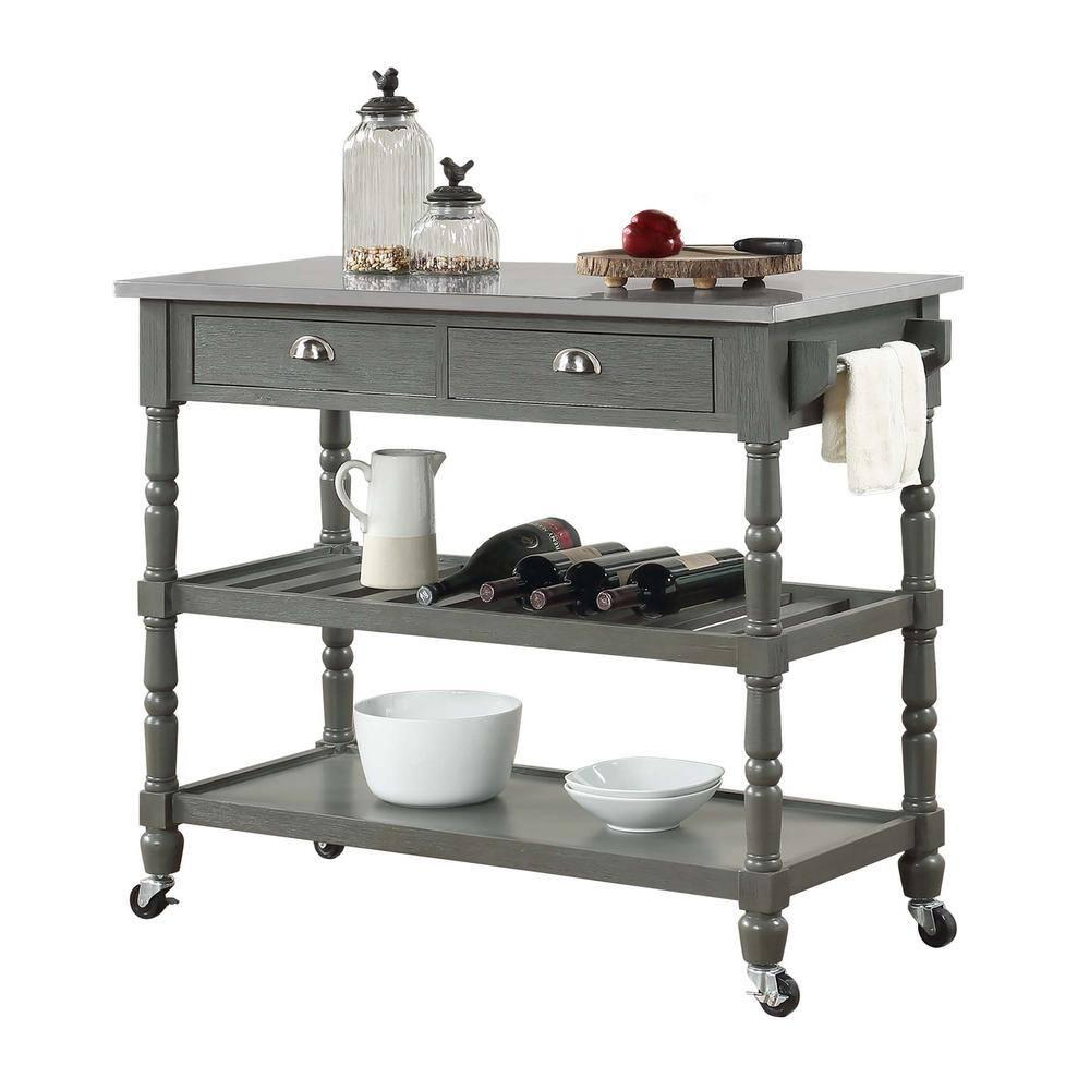 Convenience Concepts French Country 3 Tier Butcher Block Kitchen Cart with Drawers, Stainless Steel/Wirebrush Dark