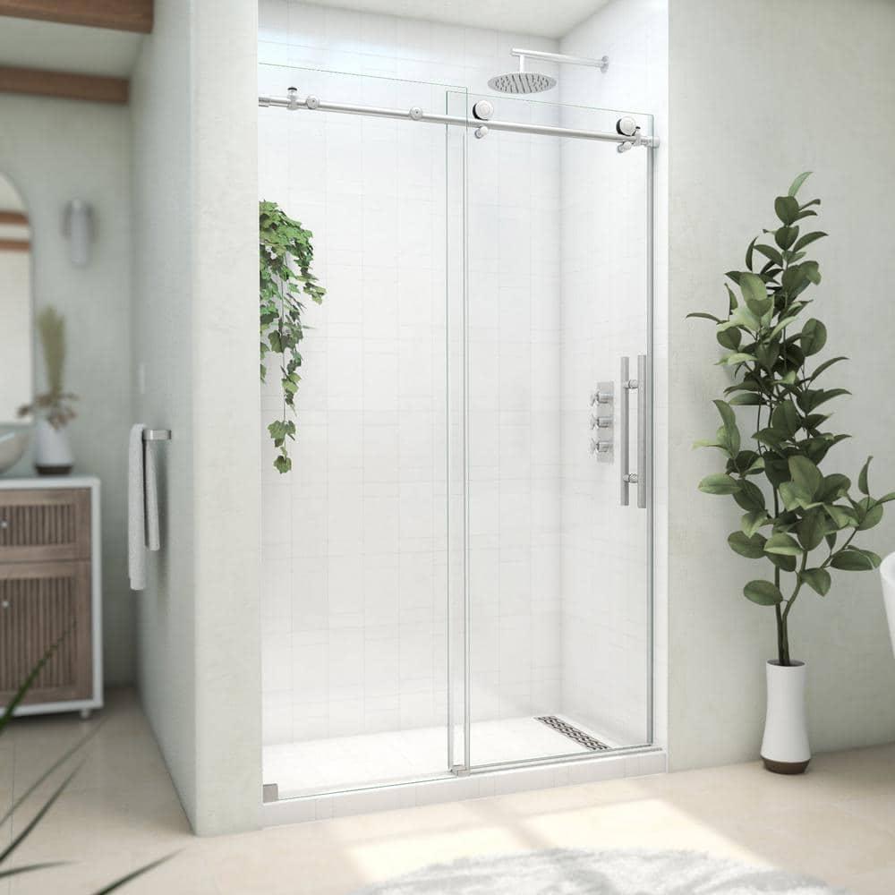 Clear Sliding Frameless Shower Door with Brushed Stainless Steel Frame
