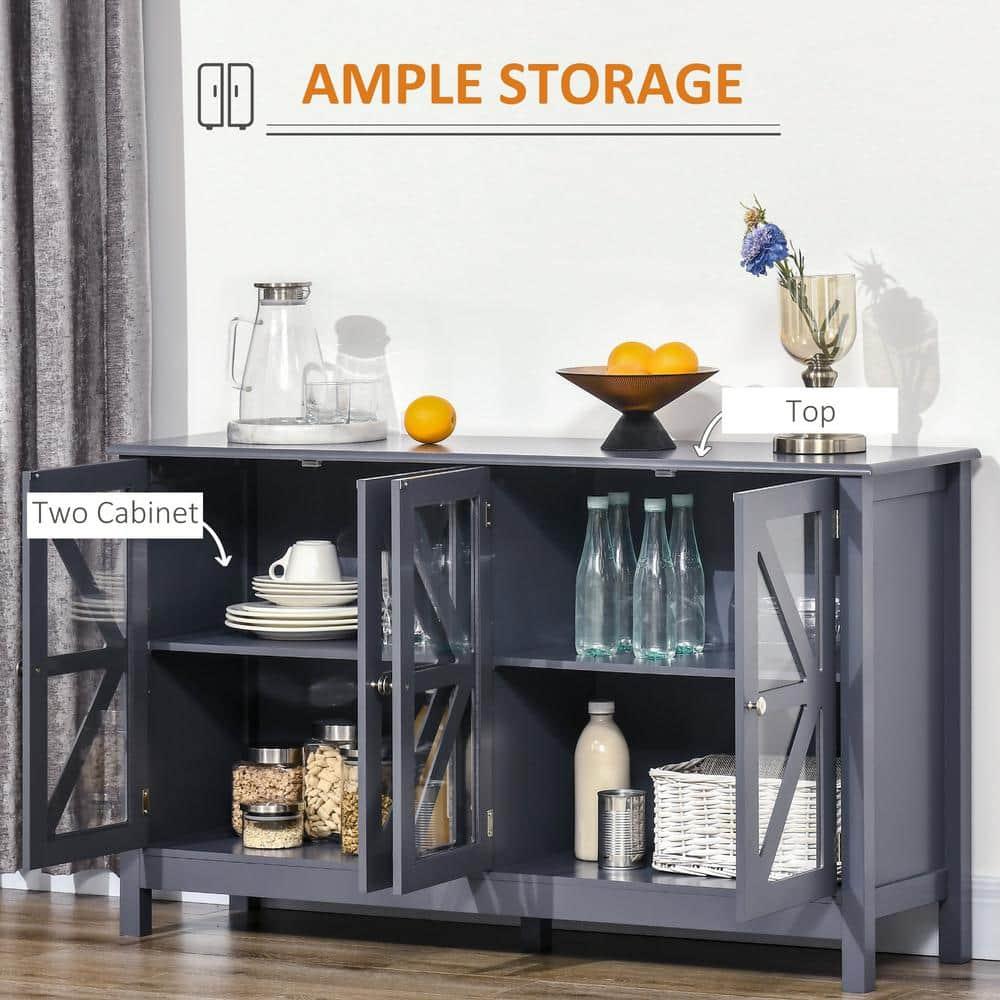 HOMCOM Kitchen Sideboard, Tempered Glass Door Buffet Cabinet with Adjustable Storage Shelf for Living Room, Kitchen, Study, Gray