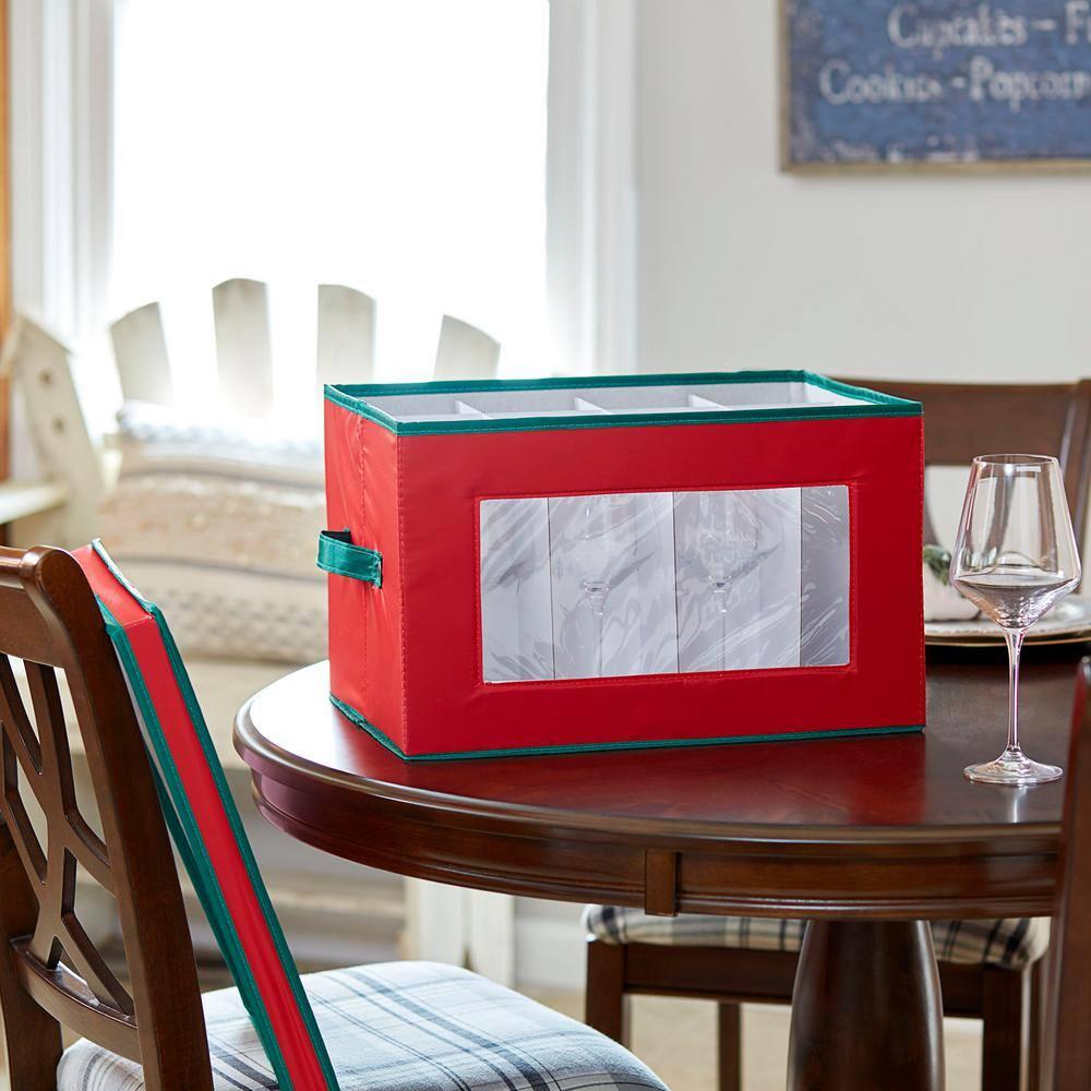 Household Essentials Holiday Stemware Storage Box, Windowed Storage with Lid, 12 Storage Compartments, Red with Green Trim