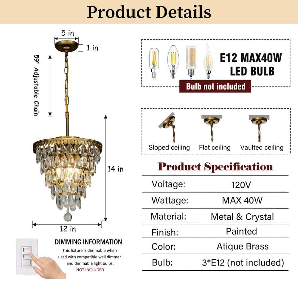 3-Lights Glass Tear Drops Chandelier Painted Brass Pendant Ceiling Lighting