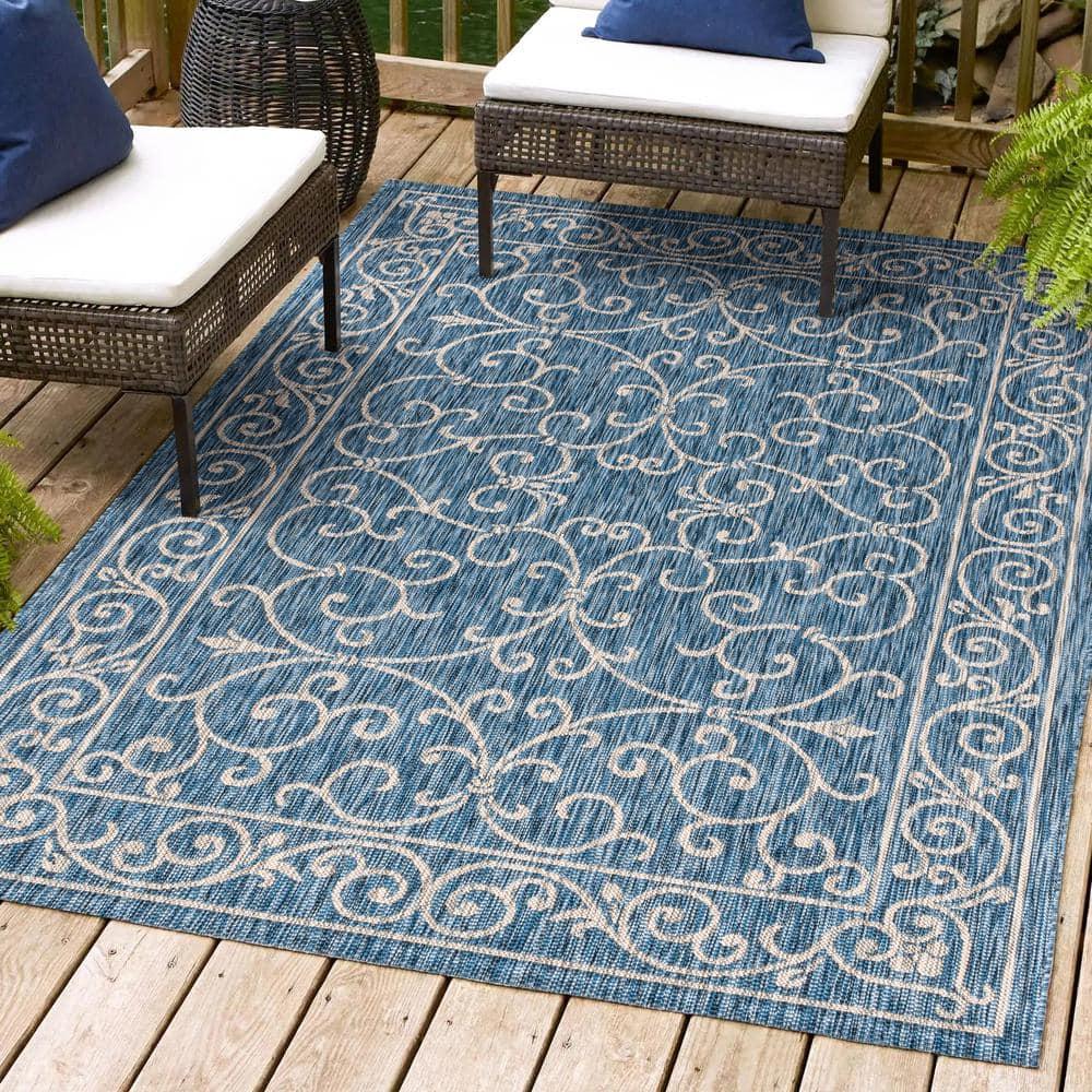 9' X 12' Charleston Vintage Filigree Textured Weave Indoor/Outdoor Area Rug, Navy/Gray - JONATHAN Y