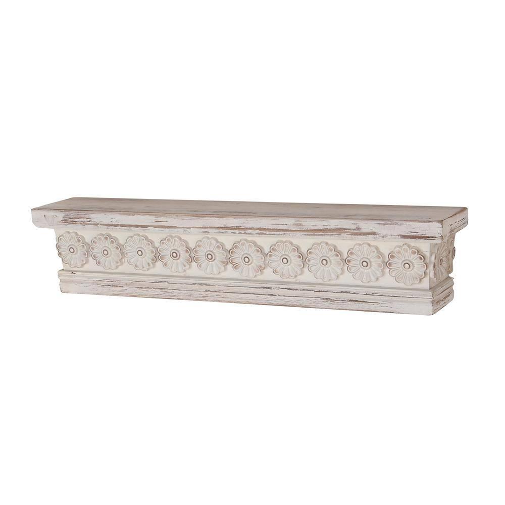 DecMode 28" x 5" Intricate Carved 1-Tier White Floral Wall Shelf