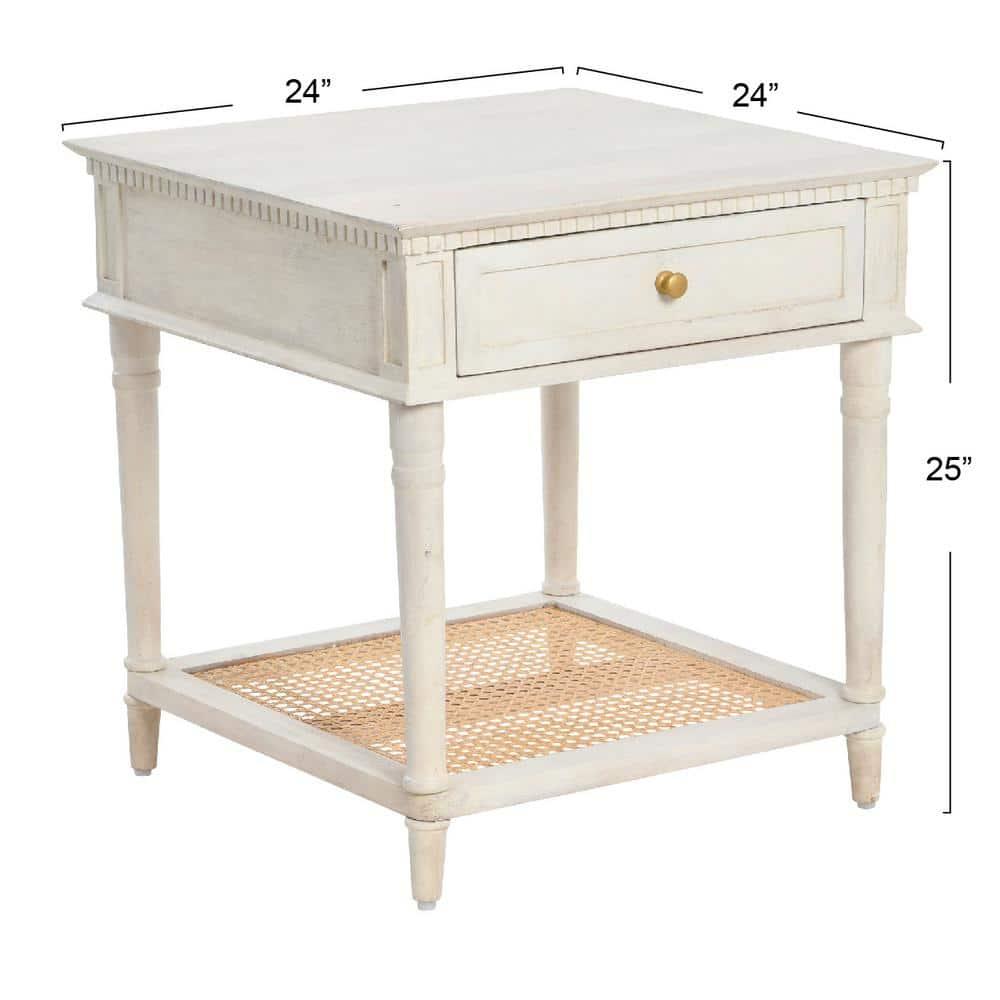 Creative Co-Op Maxwelton Solid Wood End Table with Drawer and Woven Cane Storage Shelf, Distressed White and Natural