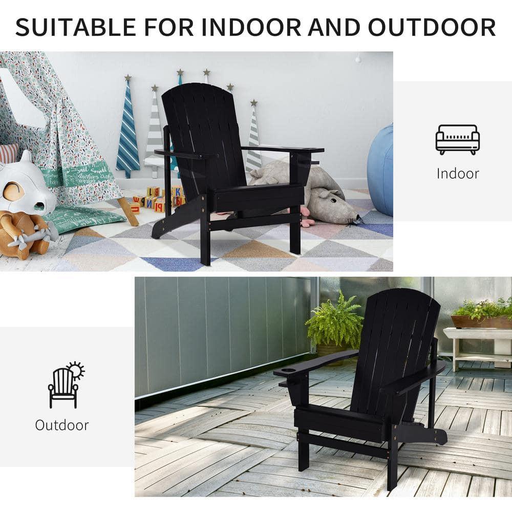 Outsunny Oversized Adirondack Chair, Outdoor Fire Pit and Porch Seating, Classic Log Lounge w/ Built-in Cupholder for Patio, Backyard, Black