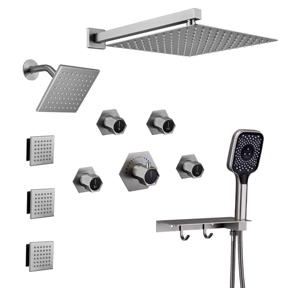 Brushed Nickel Large Dual Shower Head System with Handheld and Body Jets