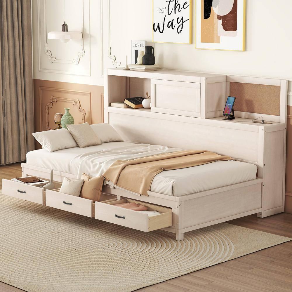 Giantex Twin Daybed with 3 Storage Drawers, Wood Day Bed with Storage Shelves, Cork Board & Sliding Door, Daybed Frame for Kids Adults Guests, No Box Spring Needed, Daybed with Storage, White