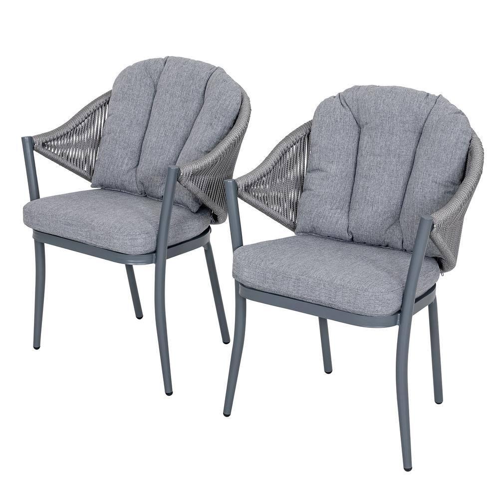 Nuu Garden Patio Dining Chairs Set of 2, Woven Rope Outdoor Dining Chairs, All-Weather Aluminum Arm Chairs with Cushions, No Assembly Light Grey