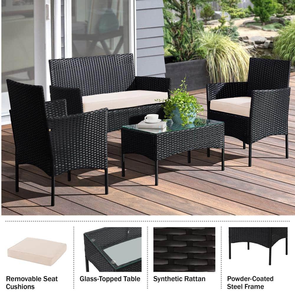 Pure Garden 4pc Outdoor Patio Rattan Furniture Set Black