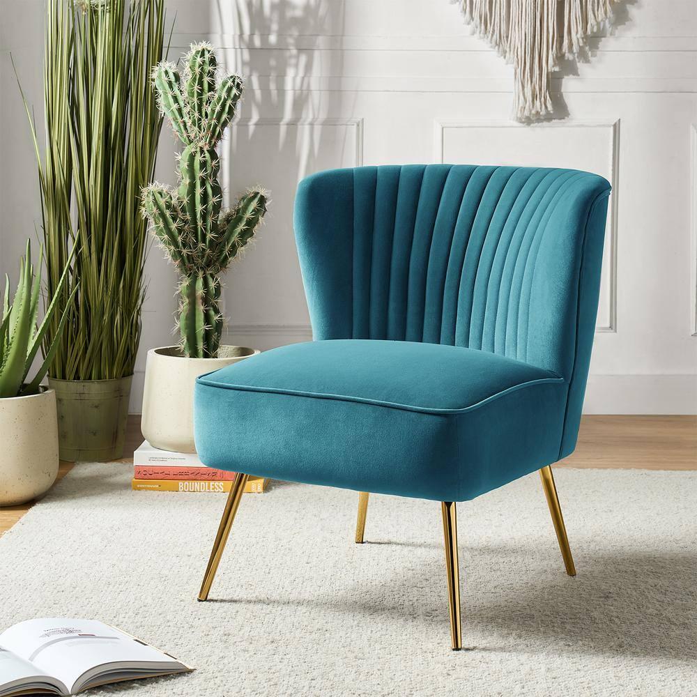Upholstered Wingback Accent Slipper Chair Side Armless Sofa Tufted Back Golden Legs Dining Home Living Room Bedroom Adult Blue
