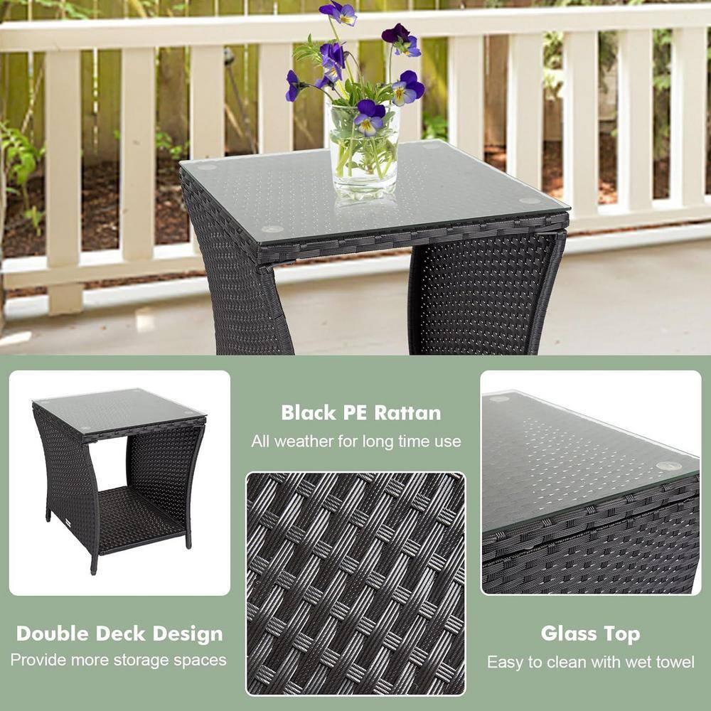 Kinbor Wicker Porch Square Side Table With Storage, Black