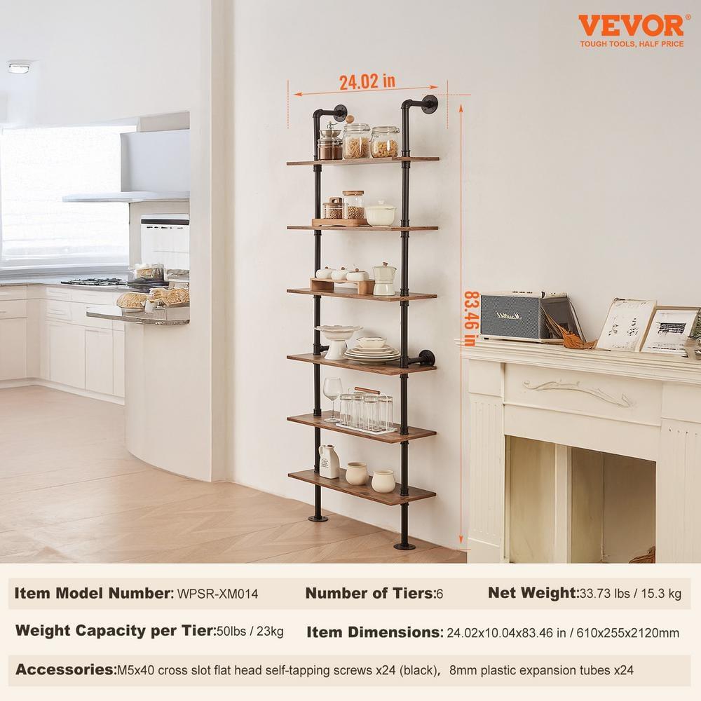 VEVOR Industrial Pipe Shelf, 6 Tier 24x9.84in, Wall-Mount Floating Rustic Wood Shelves Bracket Display Bookshelf, Storage Rack Sundries Holder for Kitchen Bedroom Bathroom Living Room, Black