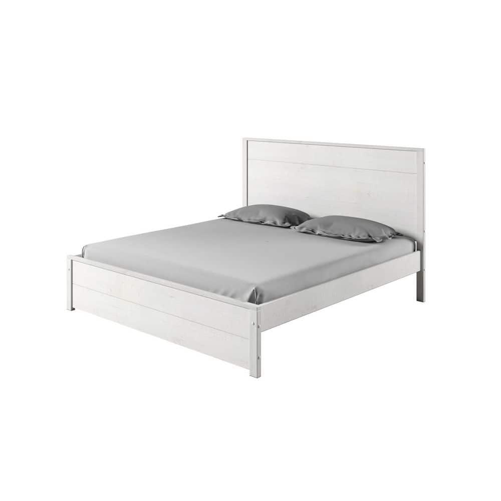 Camaflexi Hampton Solid Wood King Size Bed Frame with Headboard, King Bed with Wood Slat Supports, Coastal White Finish