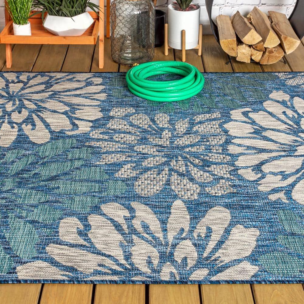 4'x6' Zinnia Modern Floral Textured Weave Indoor/Outdoor Area Rug, Navy/Aqua - JONATHAN Y