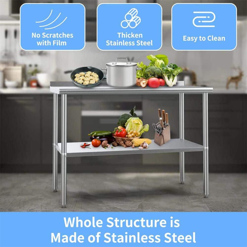 ROVSUN 36'' x 24'' Stainless Steel Table with Backsplash, Pre Work Table Metal Table for Kitchen Restaurant Home