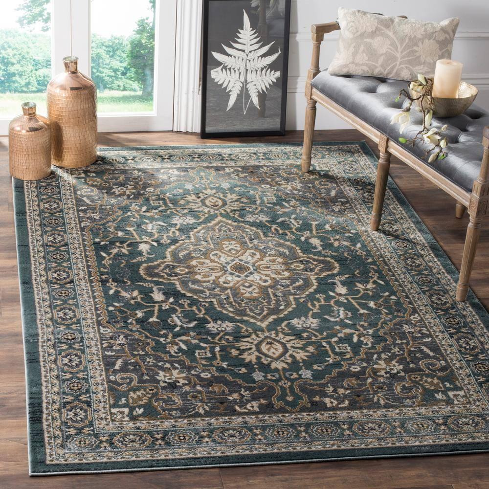 Teal and Grey Floral Synthetic 9' x 12' Area Rug