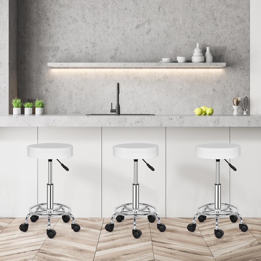 MDHAND Adjustable Swivel Round Bar Stool, PU Leather Hydraulic Rolling Facial Massage Tattoo Spa Chair, 5 Wheel Rotate 360 Degrees, White