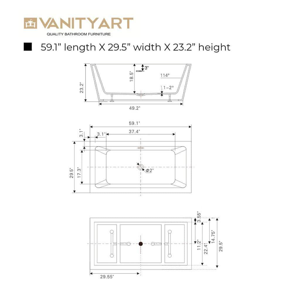 Elena 59" x 30" Freestanding Soaking Acrylic Bathtub