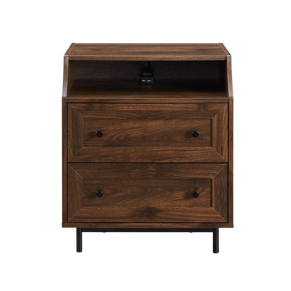 Walker Edison Modern 2 Drawer Nightstand with USB Port, Dark Walnut