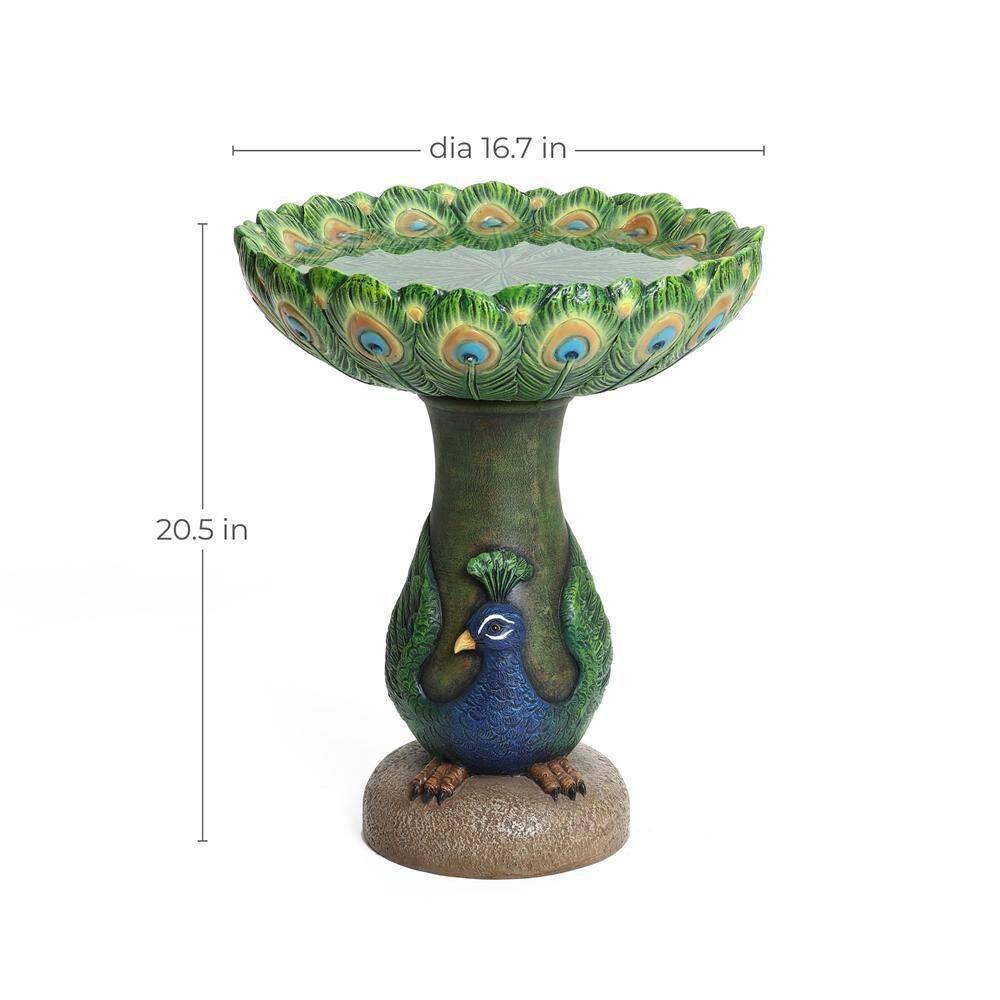 LuxenHome 20" Elegant Tall Peacock Outdoor Resin Bird Bath with Elegant Feather Basin for Garden, Patio Multicolored