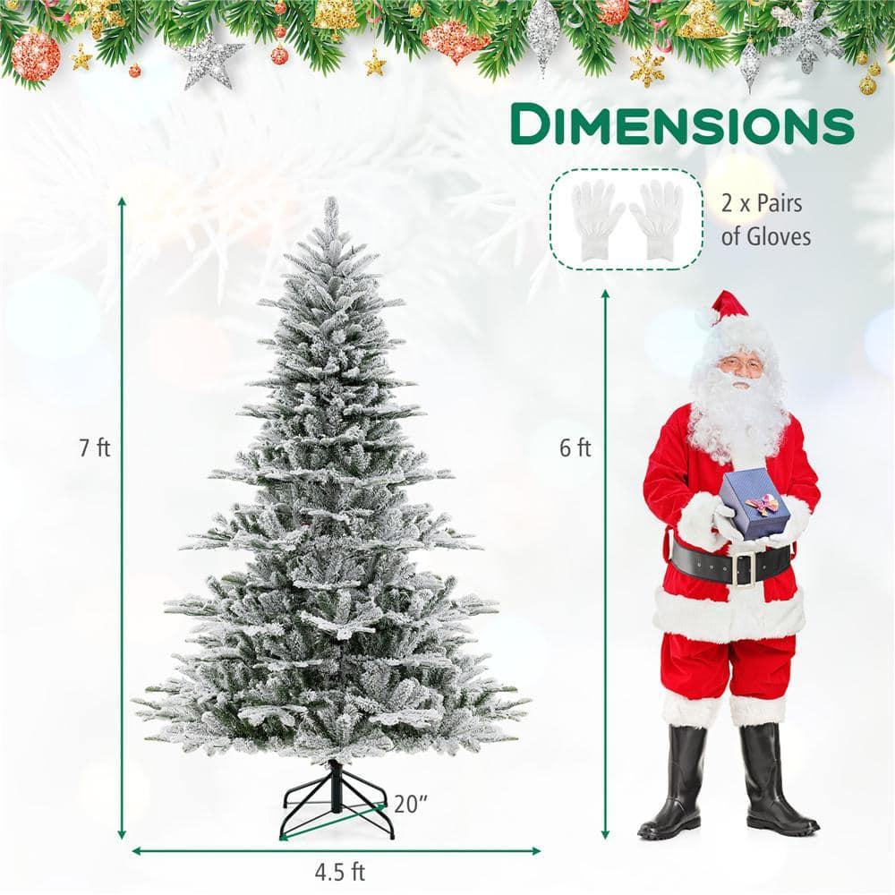 Costway 7Ft Premium Hinged Snow Flocked Slim Artificial Christmas Fir Tree w/ Pine Cones