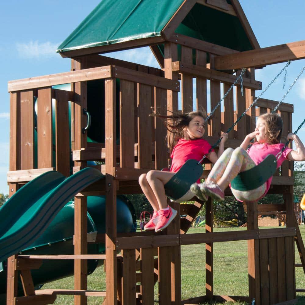 Swing-N-Slide Tellico Terrace Wooden Backyard Swing Set with Tube Slide, Wave Slide, Climbing Wall, and Swings