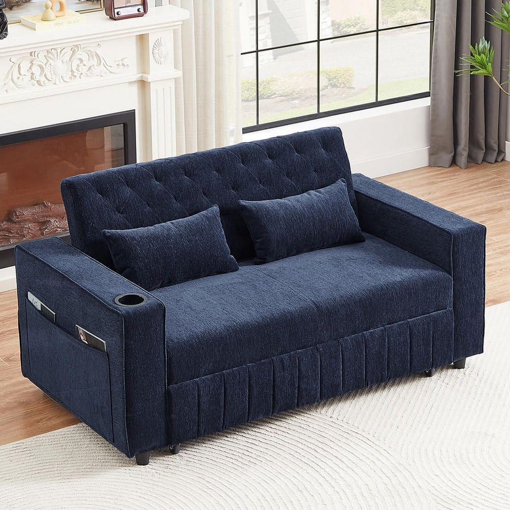 Blue Chenille Tufted Twin Sleeper Sofa with Cup Holder