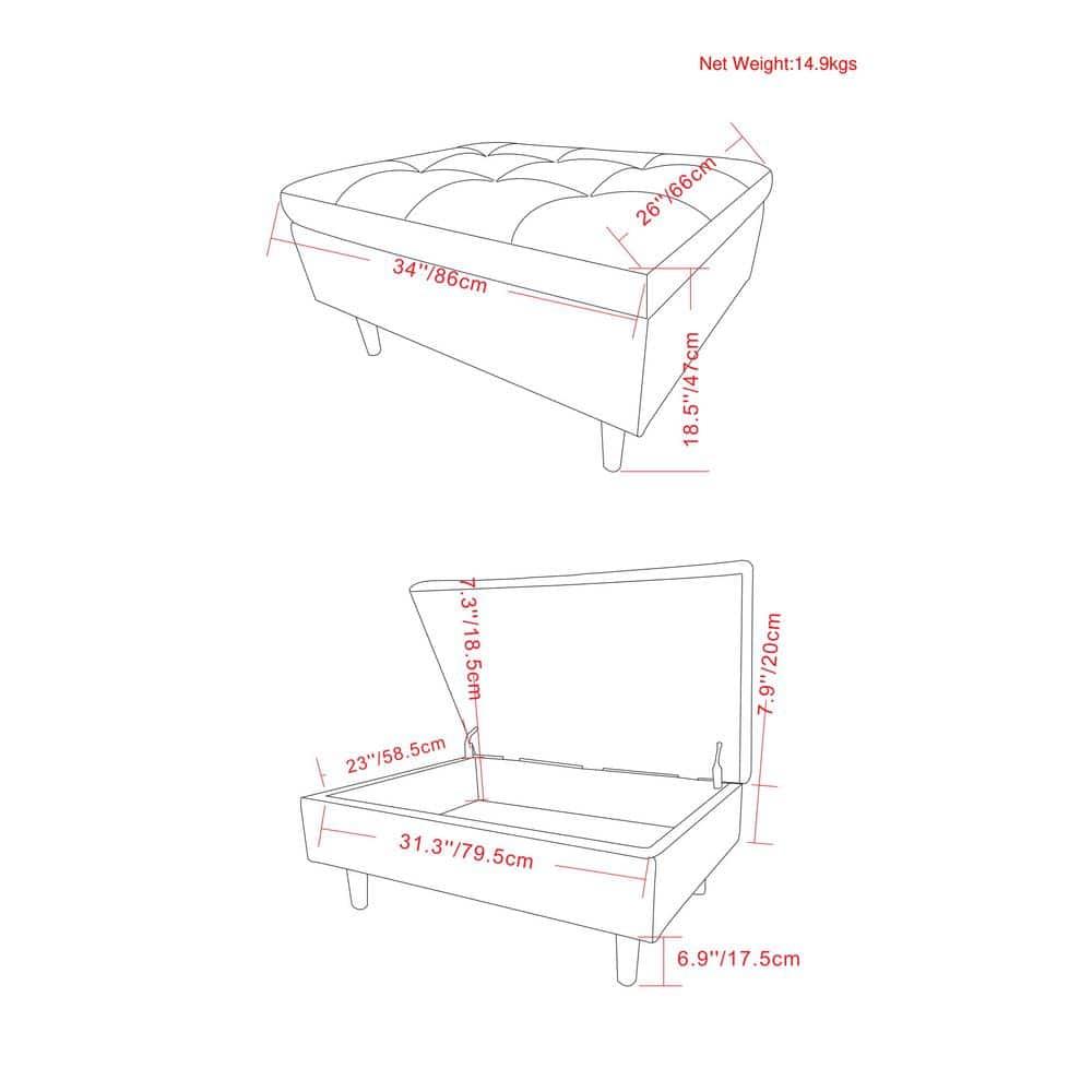 Simpli Home Shay 34"W Upholstered Coffee Table Storage Ottoman with Lift Top and Tufted Detailing