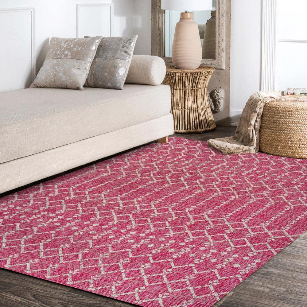 4' x 6' Ourika Moroccan Geometric Textured Weave Indoor/Outdoor Area Rug, Fuchsia/Light Gray - JONATHAN Y