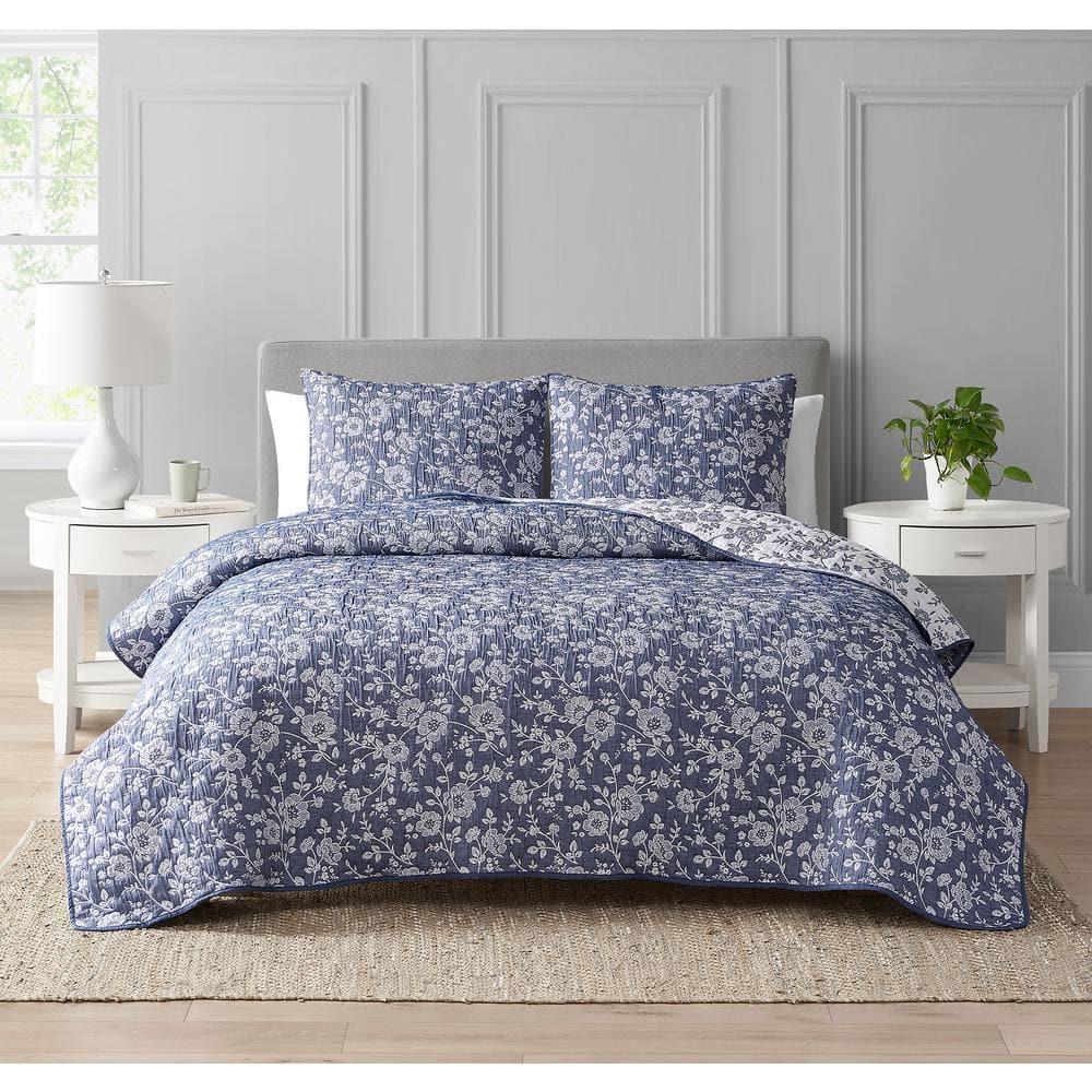 Design Studio CEDAR COURT Marguerite Floral Navy Soft Woven Matelasse Jacquard Cotton Blend Quilt Set