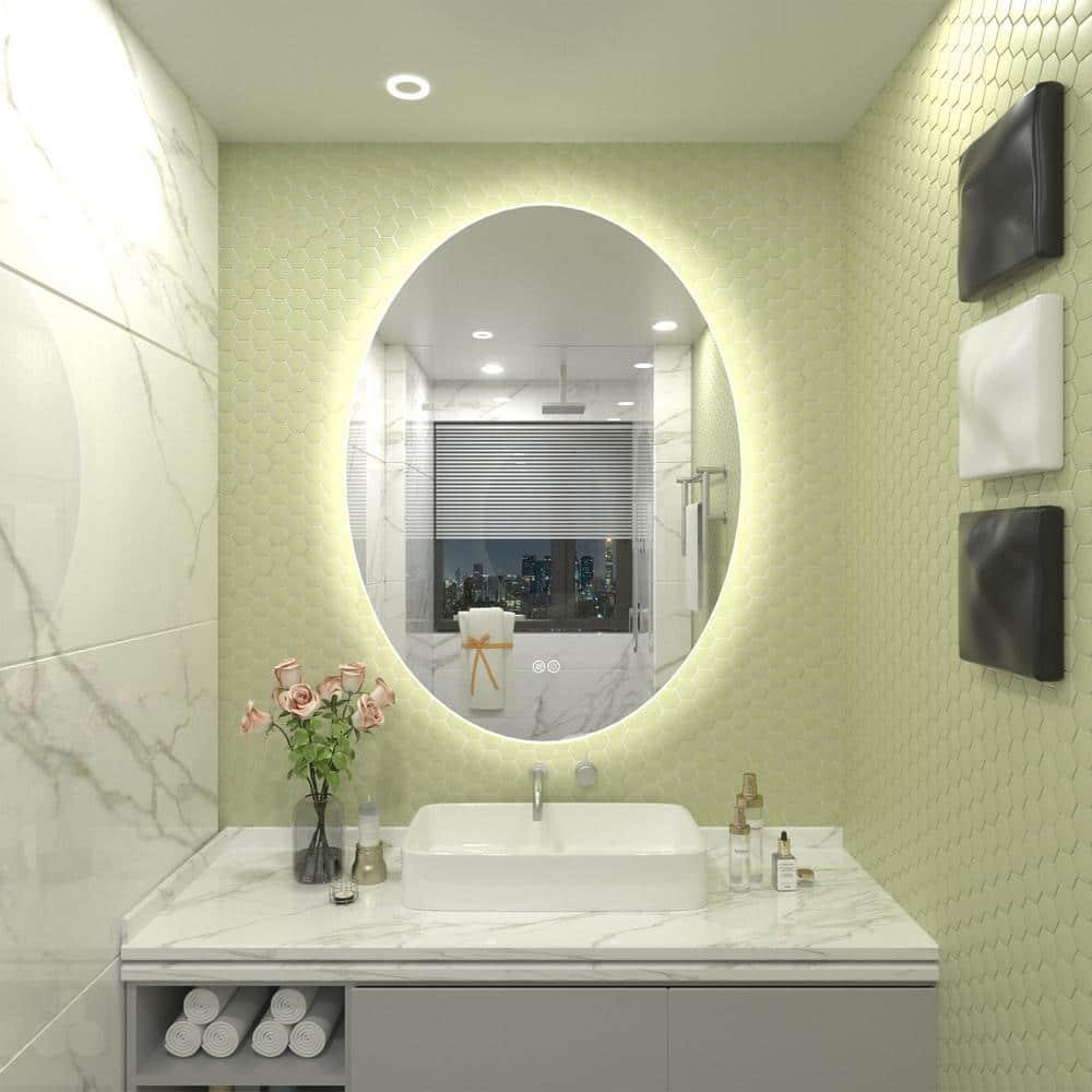 Apmir 28x20 Oval LED Wall Mirror with Backlit, Frameless Anti Fog LED Bathroom Vanity Mirror，Dimmable 3 Colors, Memory Function
