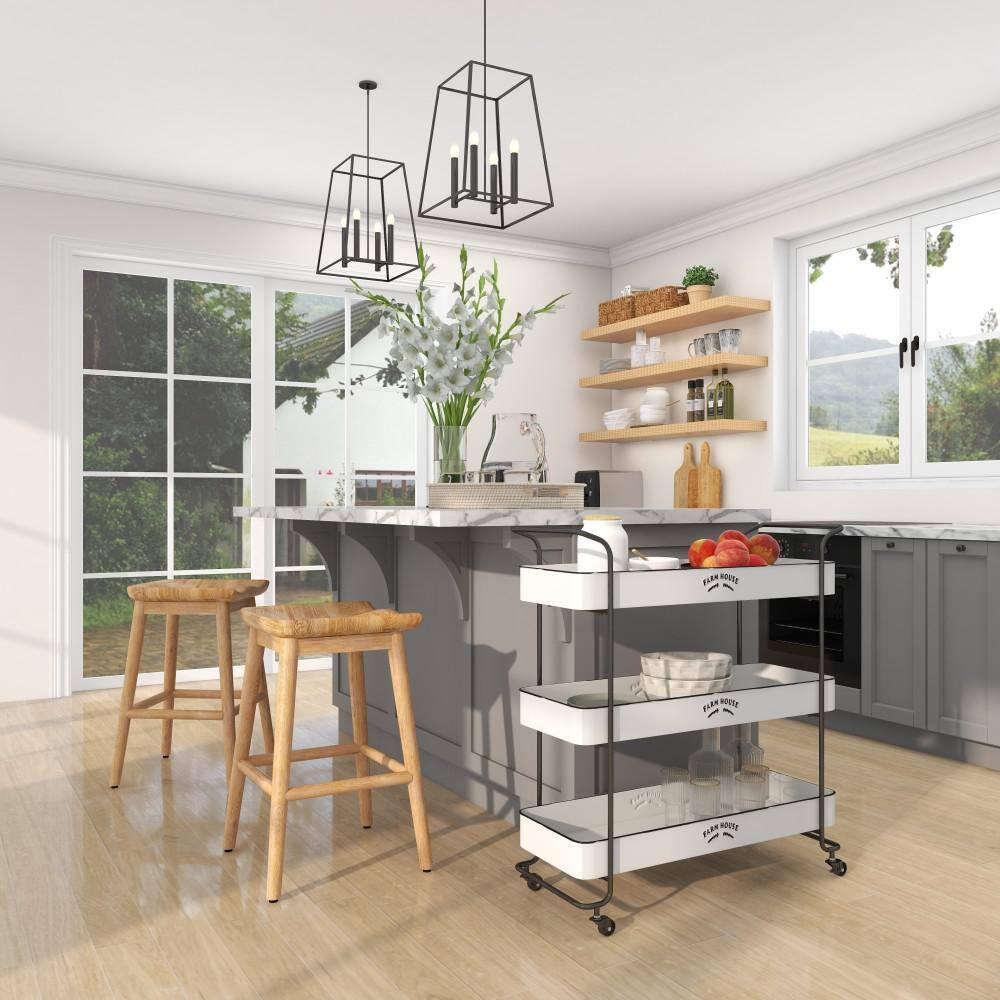 DecMode 32" x 35" White Metal Kitchen Rolling 3 Shelves Bar Cart with Black Accents and Farm House Design, 1-Piece