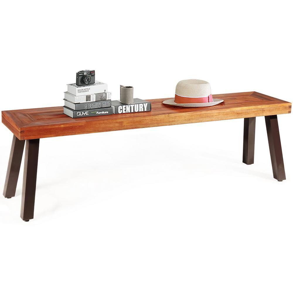 Costway Patio Acacia Wood Dining Bench Seat with Rustic Steel Legs for Outdoor Indoor