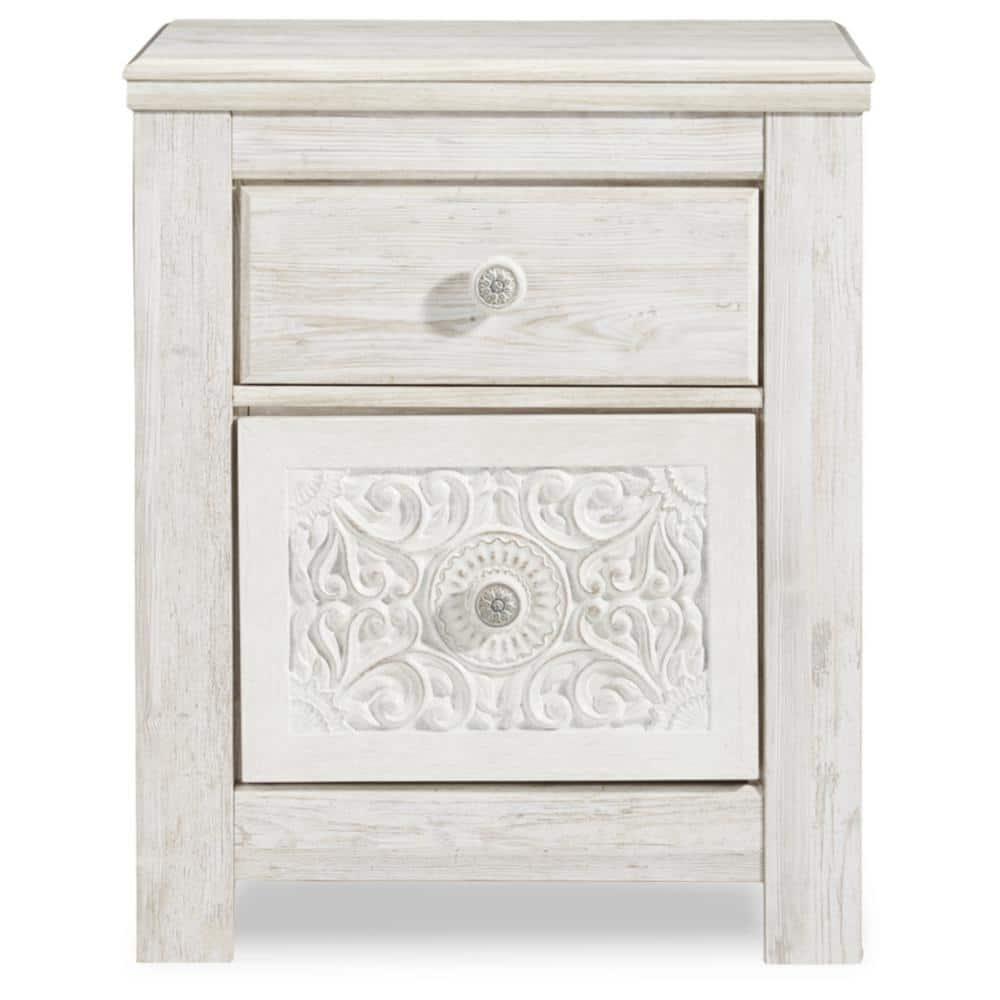 Paxberry Two Drawer Nightstand White Wash - Signature Design by Ashley: Traditional Style, USB Port, Storage Function