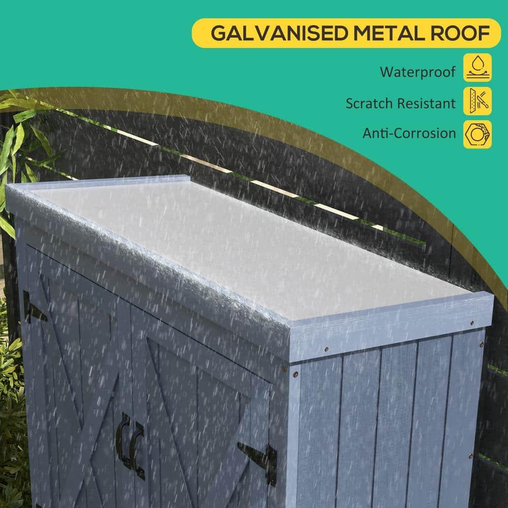 Outsunny Outdoor Storage Cabinet, Wooden Garden Storage Shed with Waterproof Galvanized Metal Roof, Gray